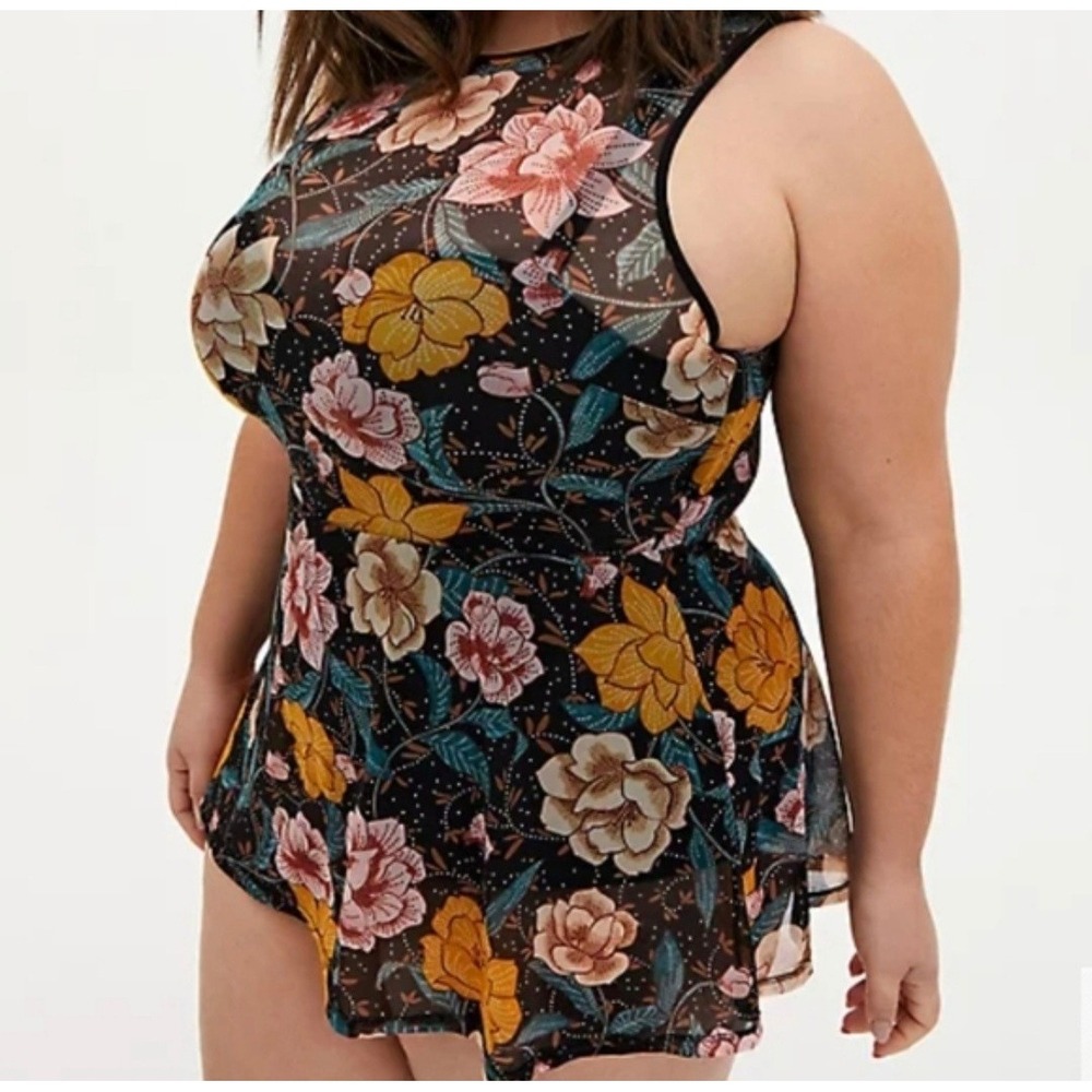 Torrid Underwire Short Mesh Overlay Swim Dress‎ One Piece Swimsuit Black Size 2X